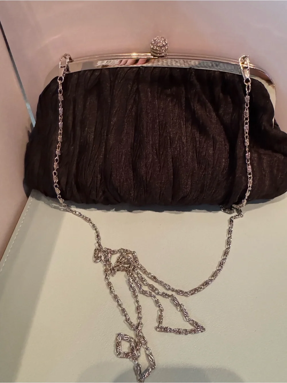 Neiman Marcus Vintage Elegant Black Evening Clutch with Silver Chain